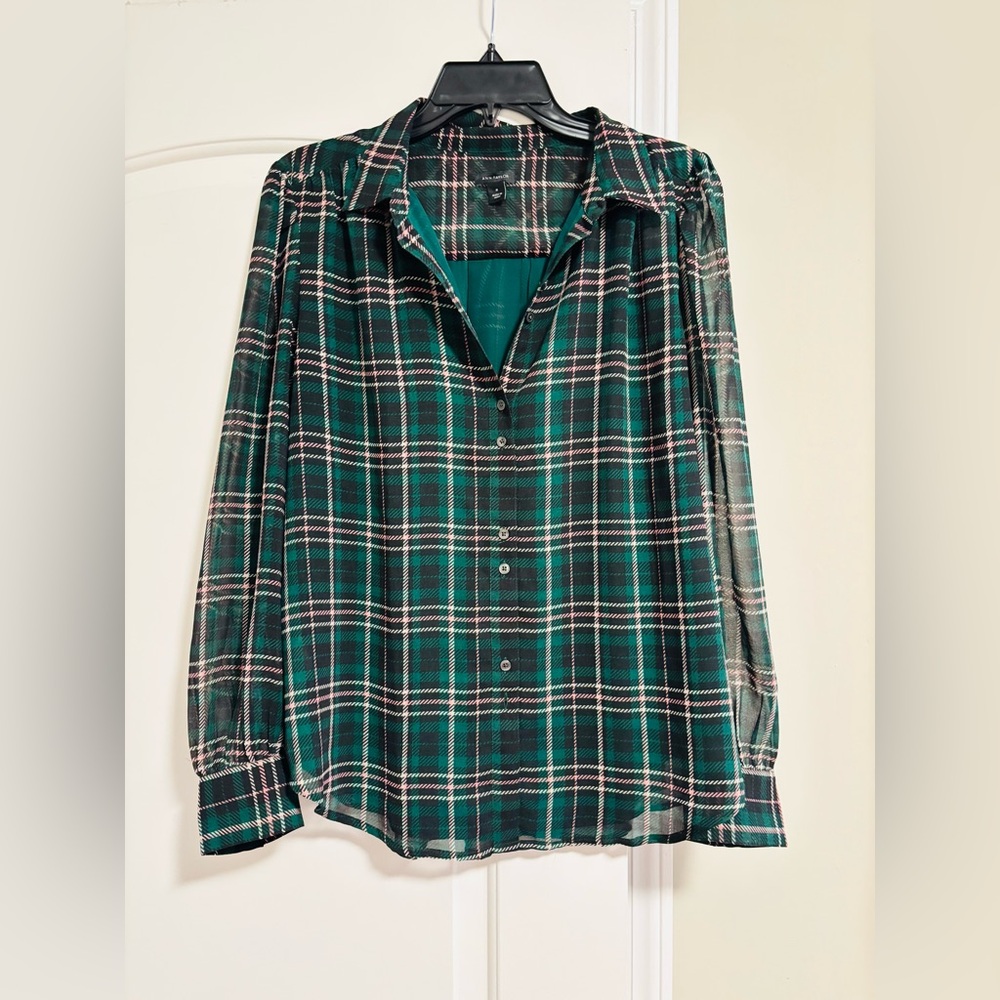 ANN TAYLOR, Emerald Green Plaid Button-Down Shirt, Size Medium